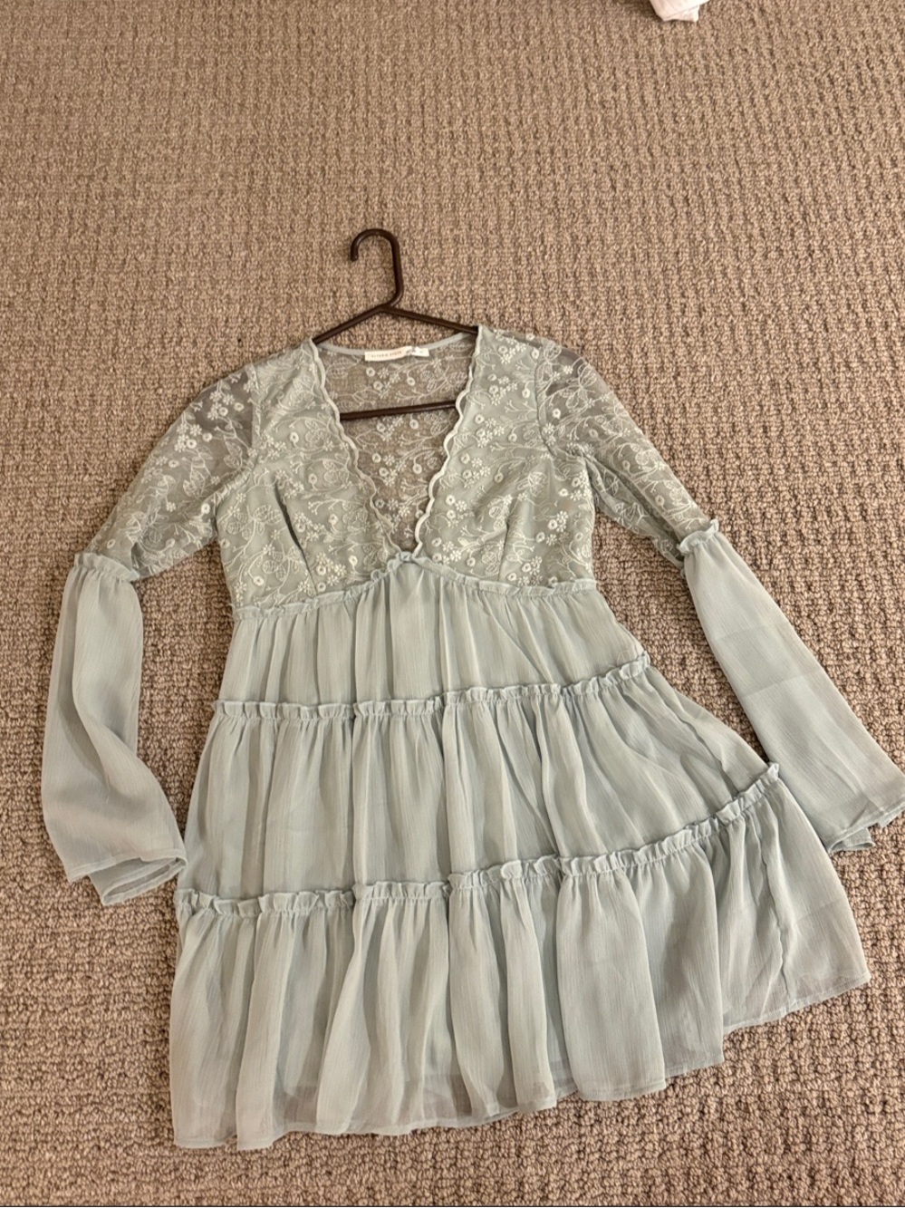 Altard state Lace & Tiered Chiffon Dress in Light Sage